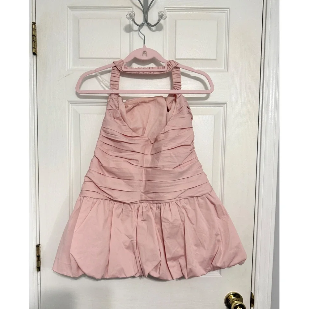 Meshki Pink Ruched Bubble Hem Mini Dress Halter Neckline Large Coquette Romanic - Picture 3 of 8
